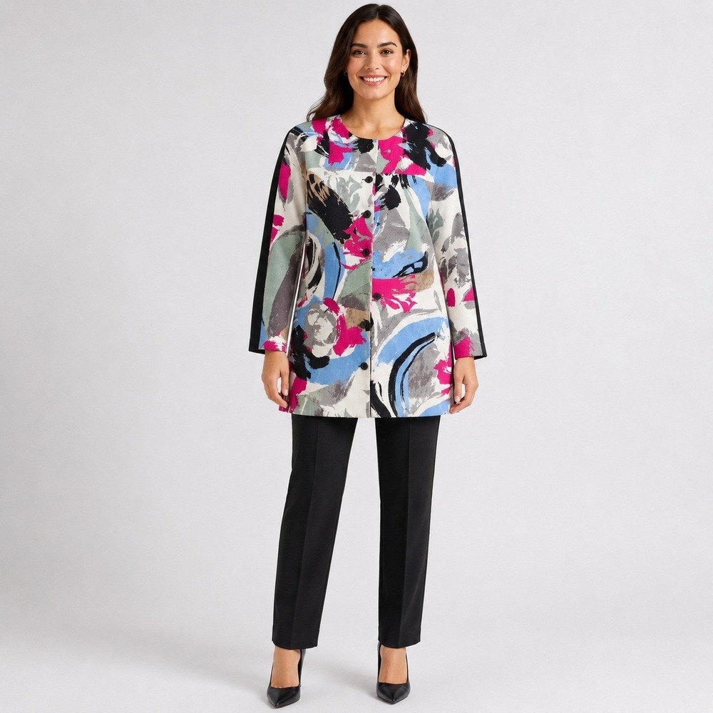 Ellen Tracy Abstract Print Longline Jacket Womens 4 Cotton Blend Colorblock